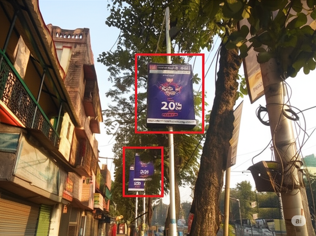 Street view showcasing ad placements by leading pole kiosk advertising companies in Haryana for targeted brand promotion