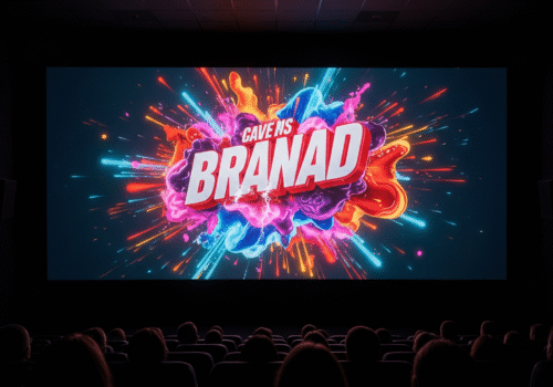 High-impact cinema advertising on big screen before movie showtime, capturing audience attention in a premium theater environment.