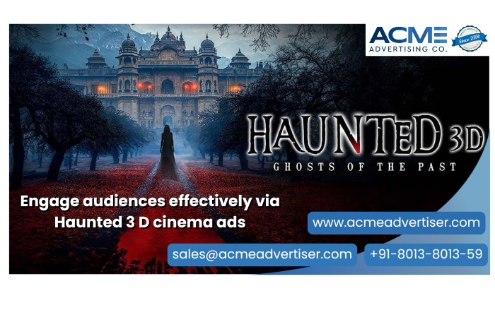 Gothic palace and shadowy figure from Haunted 3D ad, promoting ACME’s spooky cinema ads for high-impact festive and regional branding.