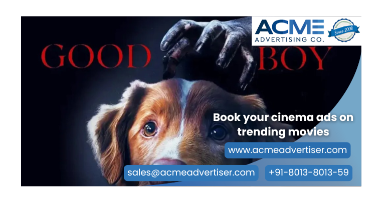 Good Boy featuring dog Indy in forest setting, promoting cinema ads on trending movie for emotional and family-oriented audience engagement.