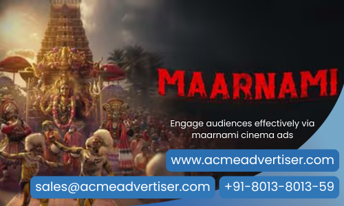 Maarnami movie poster with temple procession and chariot, promoting ACME Advertising Co. cinema ad placements