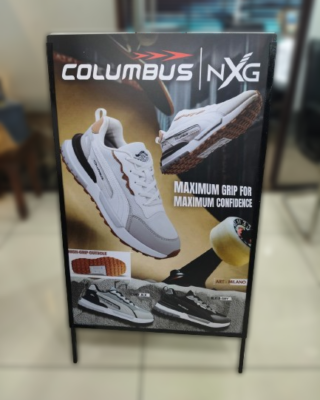 Reusable slider stand with quick sunboard change mechanism for brand campaigns.