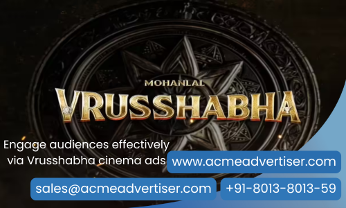 Vrushshabha movie poster featuring Mohanlal with dramatic gold typography and ornate cinematic background, promoting ACME Advertising Co.’s cinema ad placements