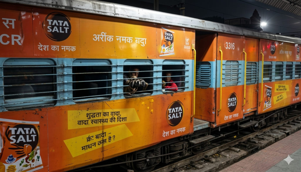 High-resolution Indian Railways passenger train featuring orange Tata Salt 'Desh Ka Namak' exterior branding at a station platform at night.